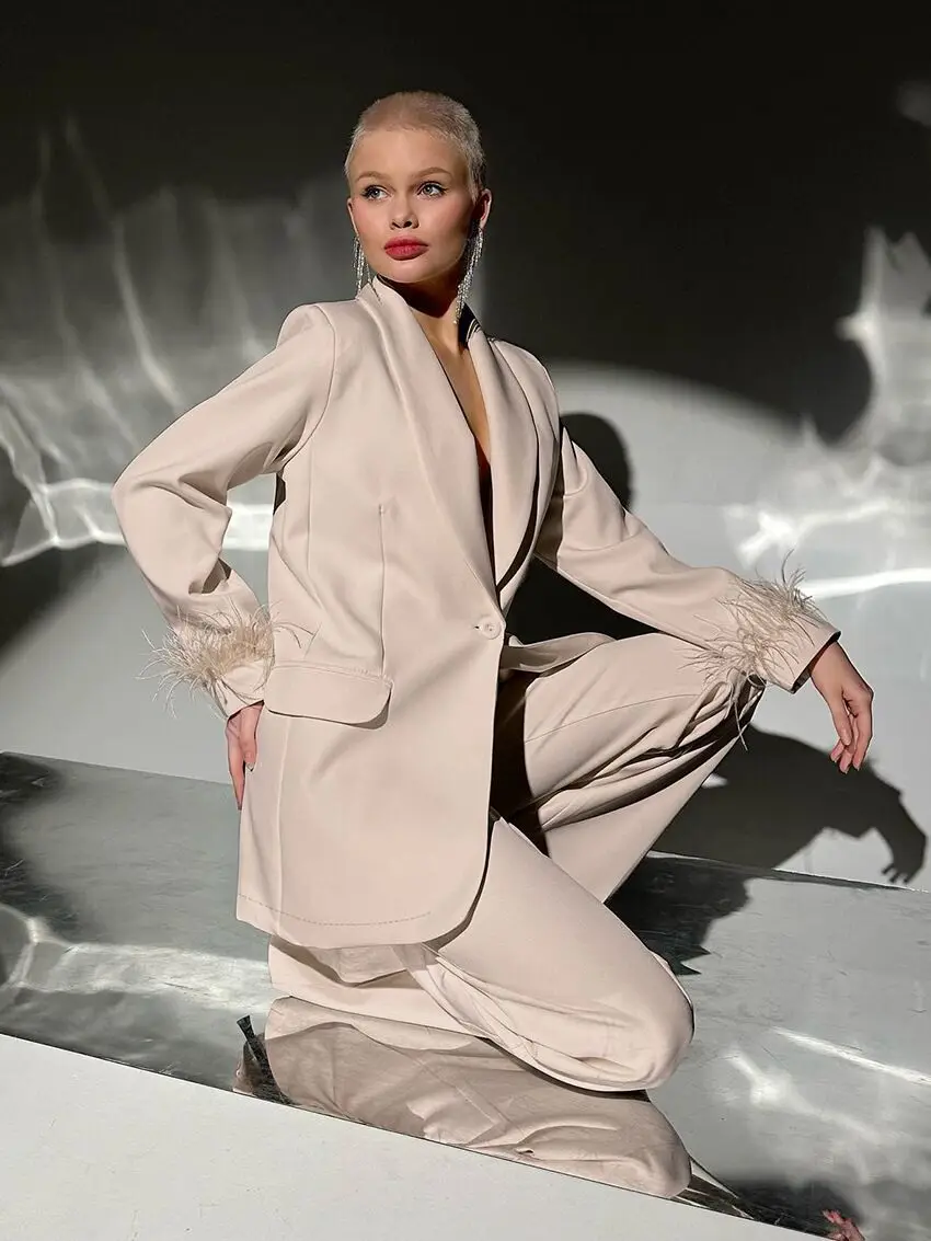 Spring Summer 2023New Fashion Party Set Women's High Quality Feather Splice Lapel Blazer+Straight Pants 2Pieces Loose And Casual