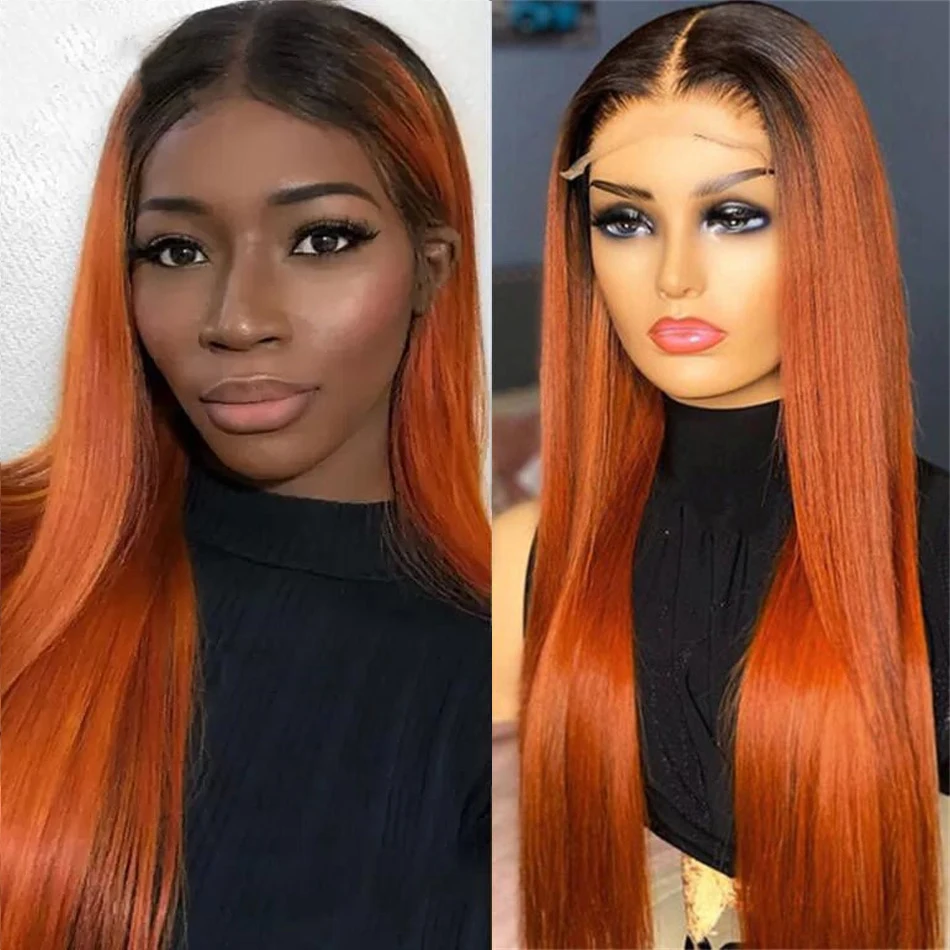 Ginger Orange Lace Front Wig Bone Straight Human Hair Wig for Black Women Ombre Color Short Bob 1B Orange Human Hair Lace Wig