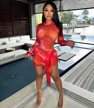 

2022 New Tie Dye Print Sheer Mesh Skirts Two Piece Set Women Sexy Beach Wear Bodysuit Top + Bandage Ruched Skirts Club Outfits