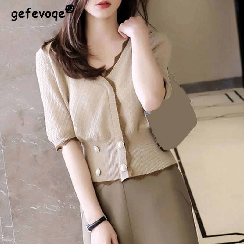

Summer Fashion Korean V Neck Half Sleeve Chic Buttons Knitwear Women Simple Sweet All-match Pullover Knitted Sweaters Top Female