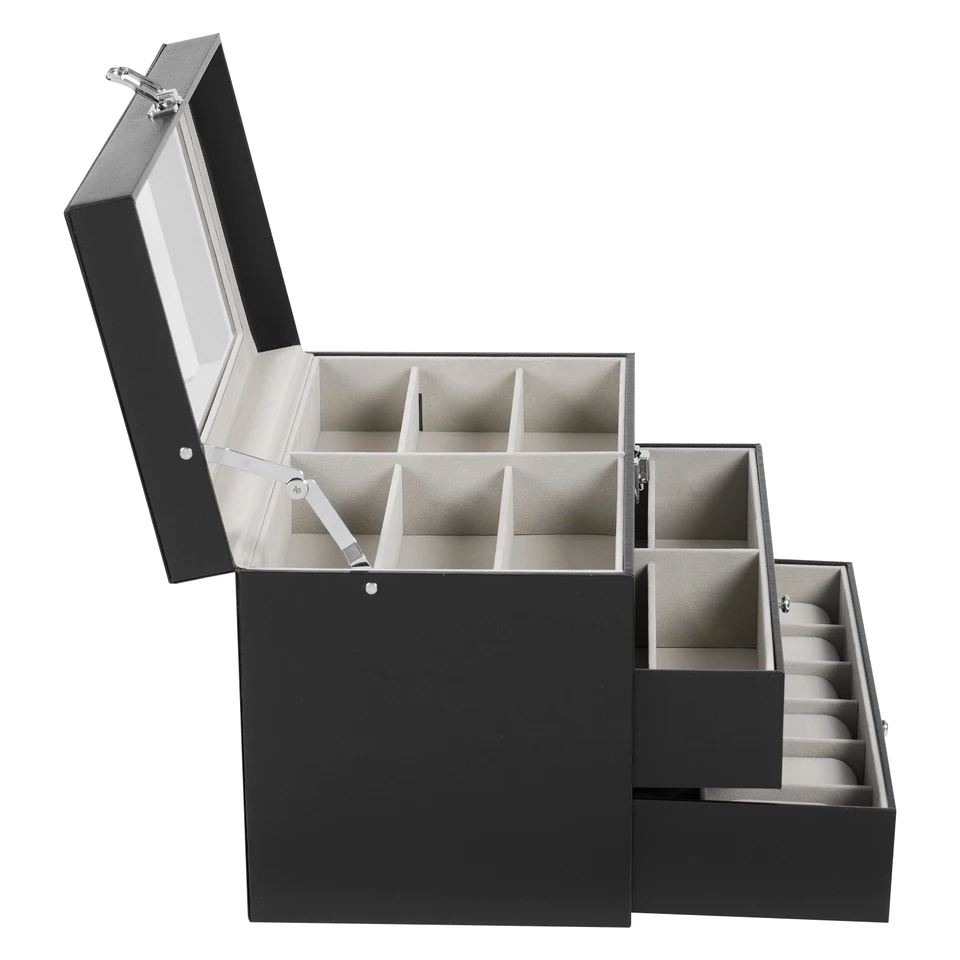 3 Layer Black PU Jewelry and Watch Organizer
