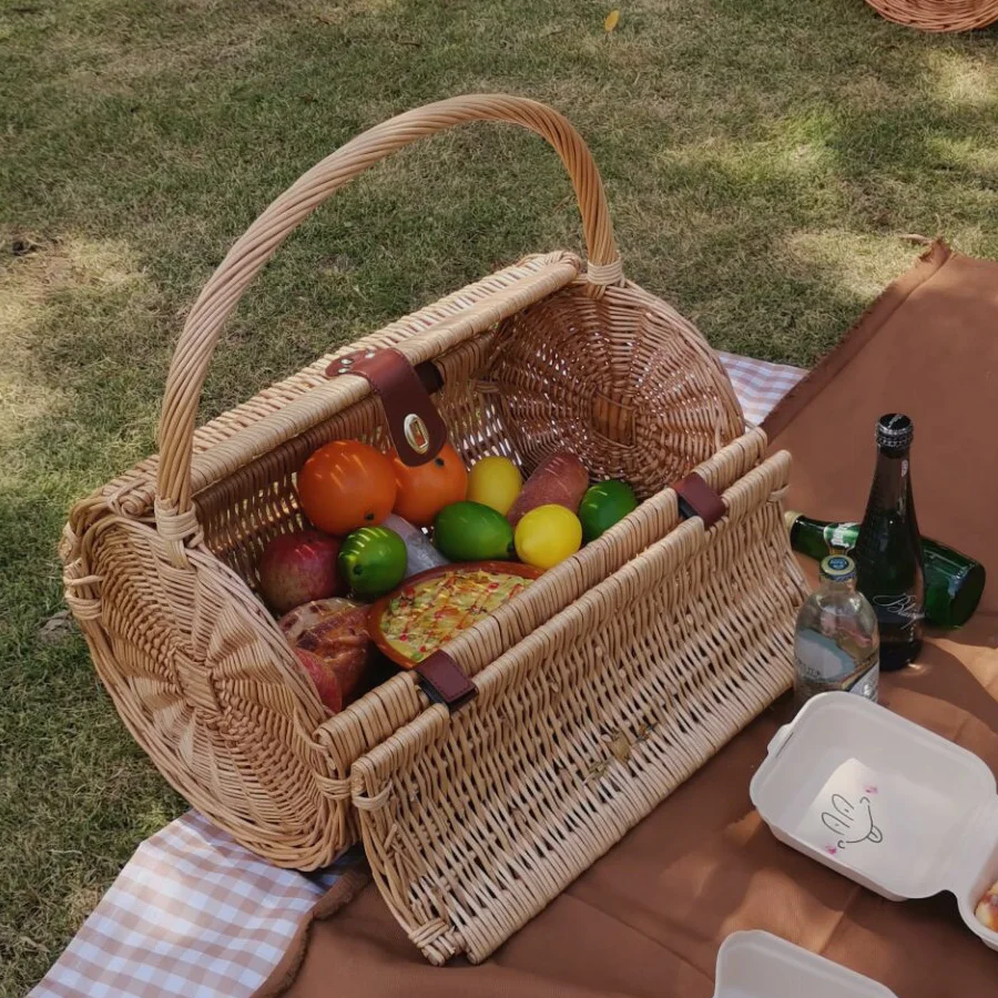 

ins Internet celebrity full set of supplies handmade wicker picnic basket rattan picnic basket hand-held folding storage camping