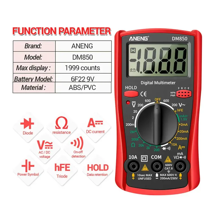 DM850 Professional Digital Multimeter 1999 Auto AC/DC Votage Tester Ohm Current Ammeter Test Probe Professional Detector Tool 6