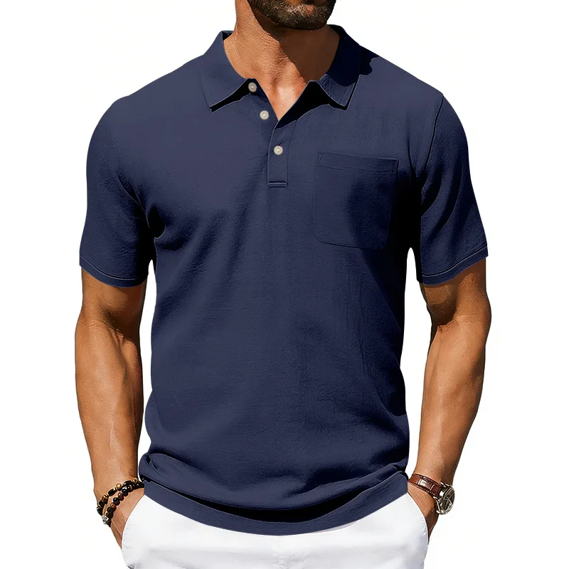 Polo da uomo in lino con risvolto e taschino, vestibilità ampia, traspirante, a maniche corte, stile casual streetwear europeo-americano, collezione Estate 2026 - immagine 2