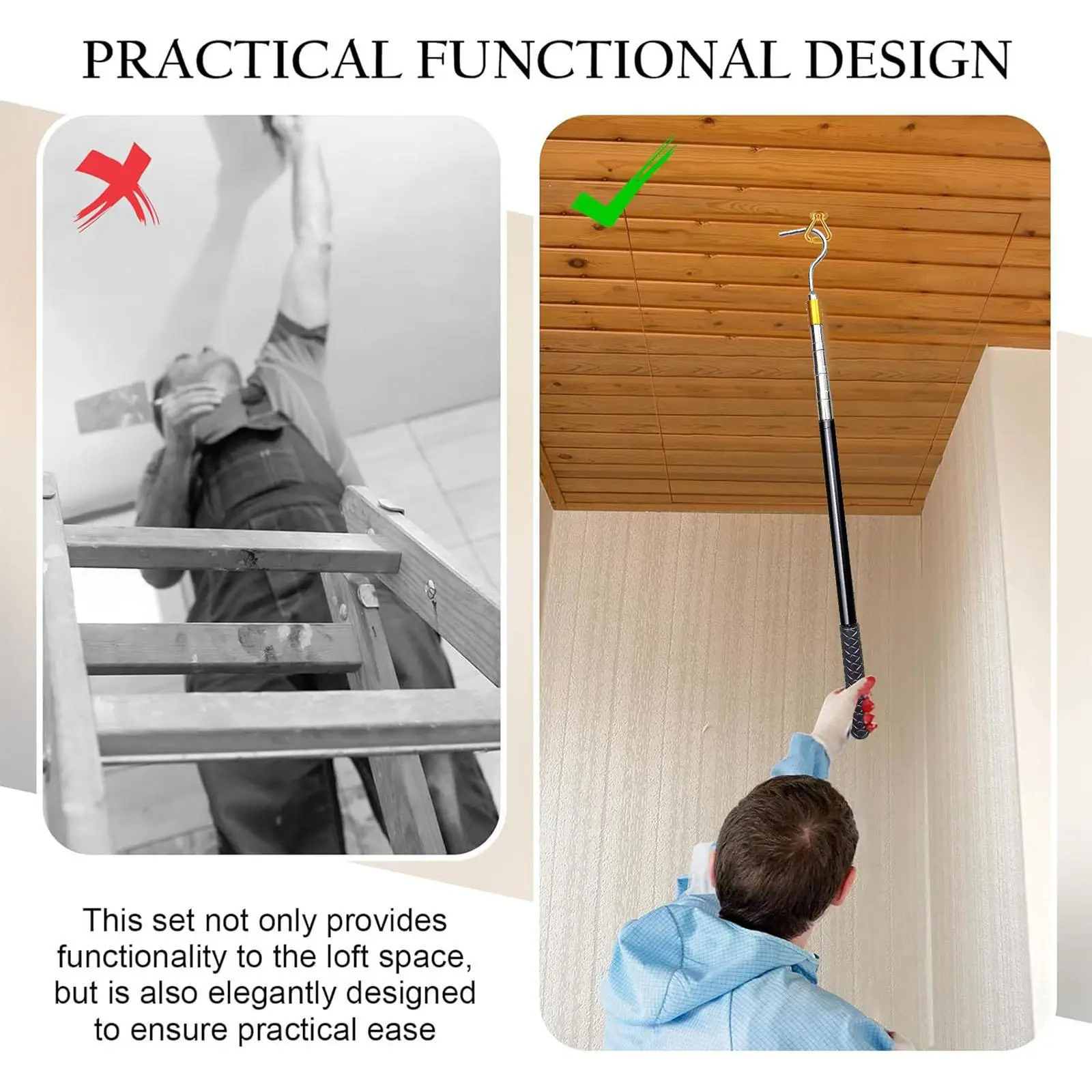 Ladder Pull Down System Kit Professional Household Storage Hook Loft Stairs Pull Down Extension Rod Attic Hook