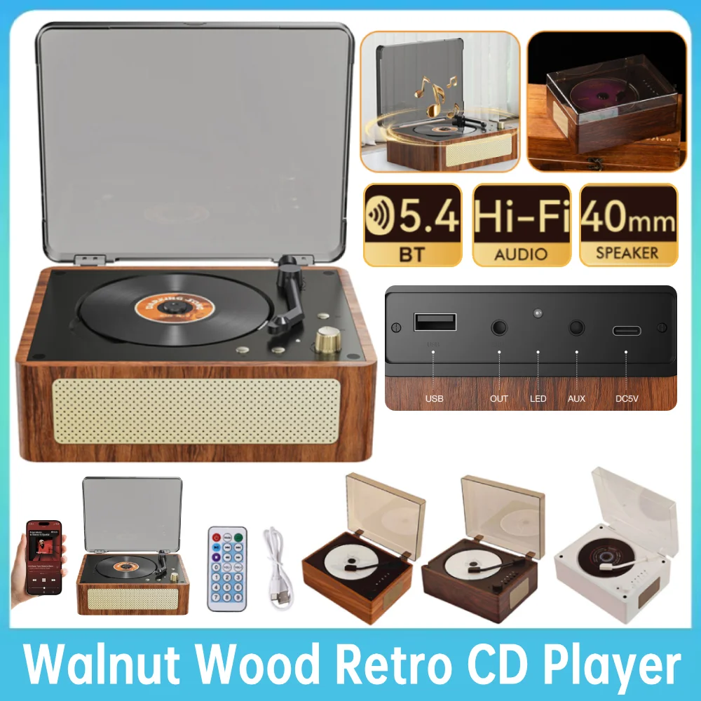 CD10 Wooden Retro Bluetooth Rechargeable Wireless CD Player 3.5mm AUX Lossless Playback Music 3000mAh