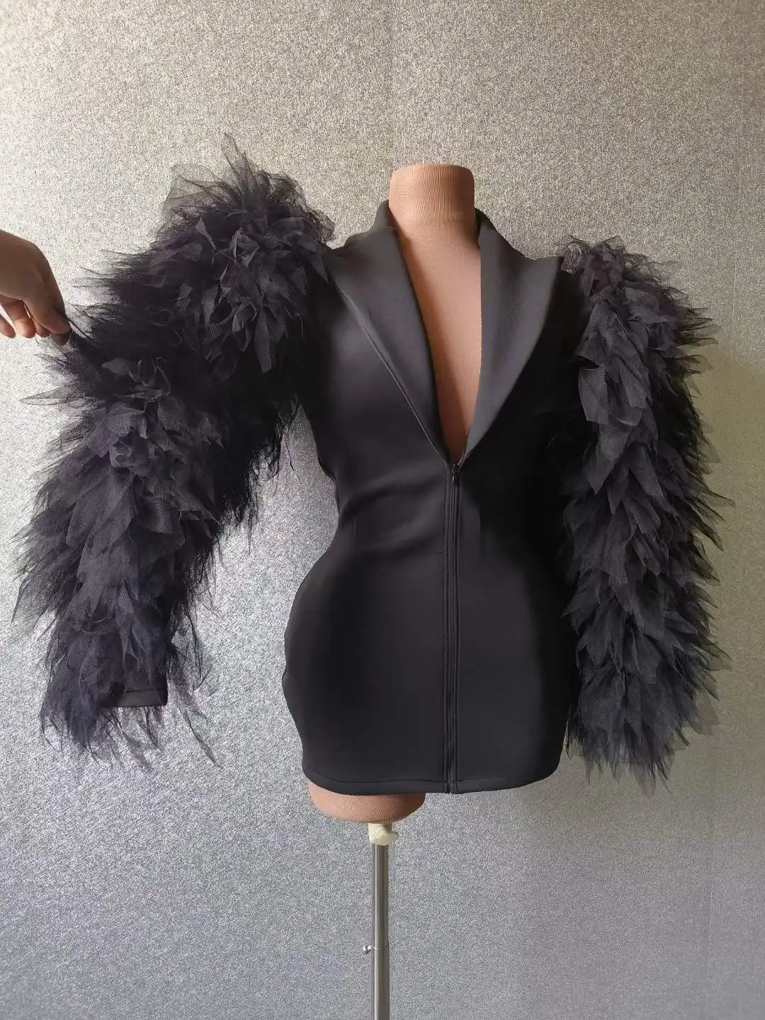 Black Puffy Women Blazer Design Long Sleeve Zipper Night Bar Nightclub Party Birthday Queen Costume Stretch Drag Outfit