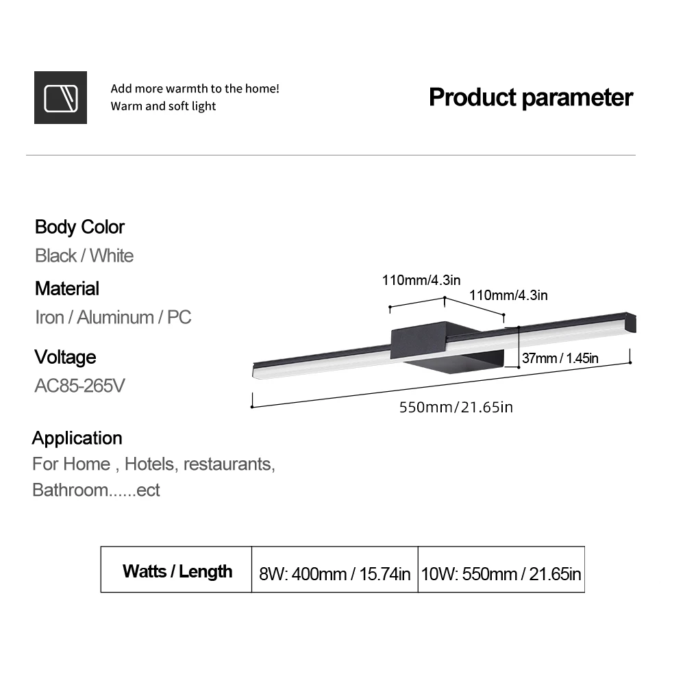 Led Wall Lamp Bathroom Vanity Light 40cm 55cm AC85 - 265V Indoor Modern Wall Sconces Mirror Wall Light Fixtures Black White 5