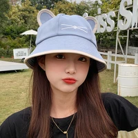 Korean Cartoon Cat Ears Women Girls Bucket Hat Spring Summer Kawaii Beach Tour Sun Visor Hats Wide Brim Solivd Cotton Panama Cap 4