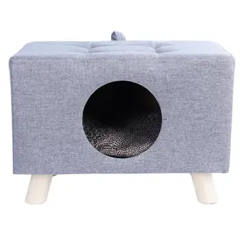 Cat Nest, Pet House Bench, Wood Pet House Cat Cave with Mat, Pet House Foot Rest Stool with Cushion, Cube for Cats and Small Dog 5