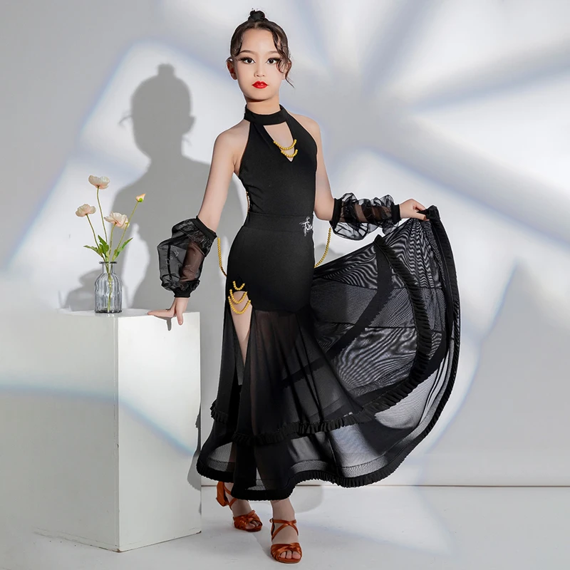 

New Waltz Modern Dancing Dresses Black Latin Top Long Skirts Girls Chacha Tango Rumba Samba Dance Costume Practice Wear SL8676