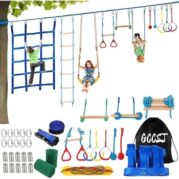 Warrior Obstacle Course For Kids And Adults - 65FT Slackline With Tree Climbing Rock Holds, Swing Seat, Monkey Bars, Ring Wheel, 1