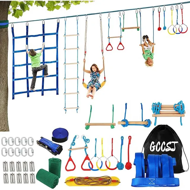 Warrior Obstacle Course For Kids And Adults - 65FT Slackline With Tree Climbing Rock Holds, Swing Seat, Monkey Bars, Ring Wheel, 1