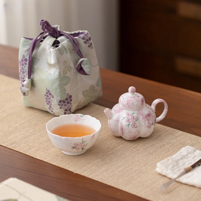 Hand drawn rose ceramic Kung Fu tea set, one pot, one cup, handmade tea pot, cup, outdoor portable set
