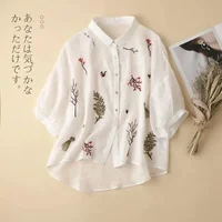 Summer Seven Point Cotton Linen Embroidered Shirt for Women 2024 New Literary Loose Temperament Lapel Casual Top for Women - Image 2