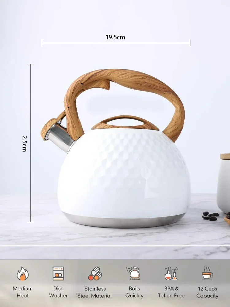 2.8L Stainless Steel Whistling Tea Kettle for Stove Top, Food Grade Teapot with Wood Pattern Handle for Coffee, Tea, Milk etc
