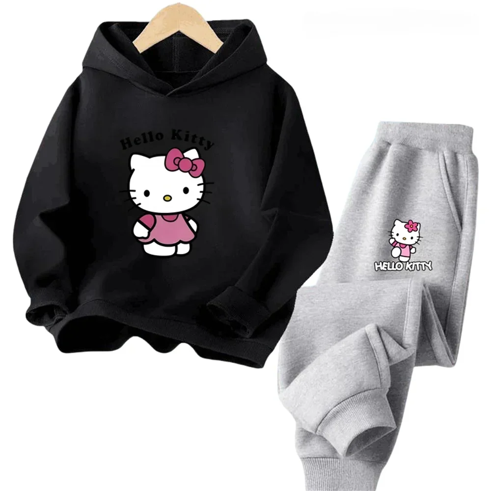 thumbnail image 1 of Conjunto de 2 piezas de sudadera y pantalones con estampado de dibujos animados de Hello Kitty Kawaii, ropa de primavera y otoño para niños y niñas, chándal de moda para niños, 1 of 5