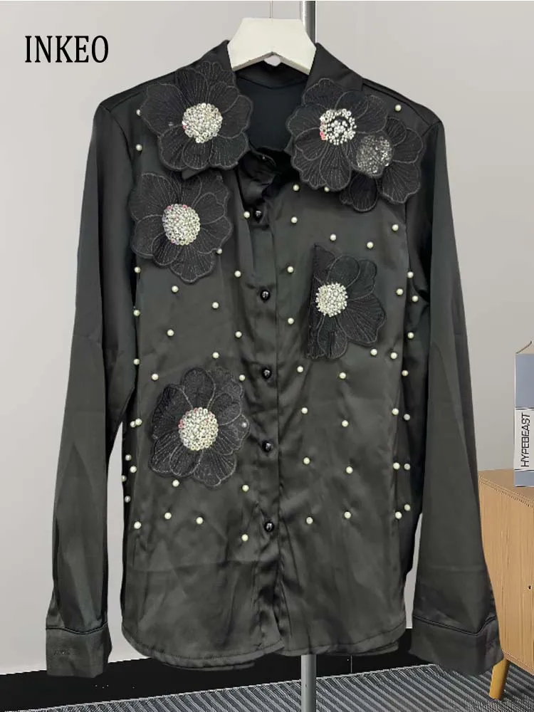 

Блузка Женская атласная с блестками и длинным рукавом, с жемчугом