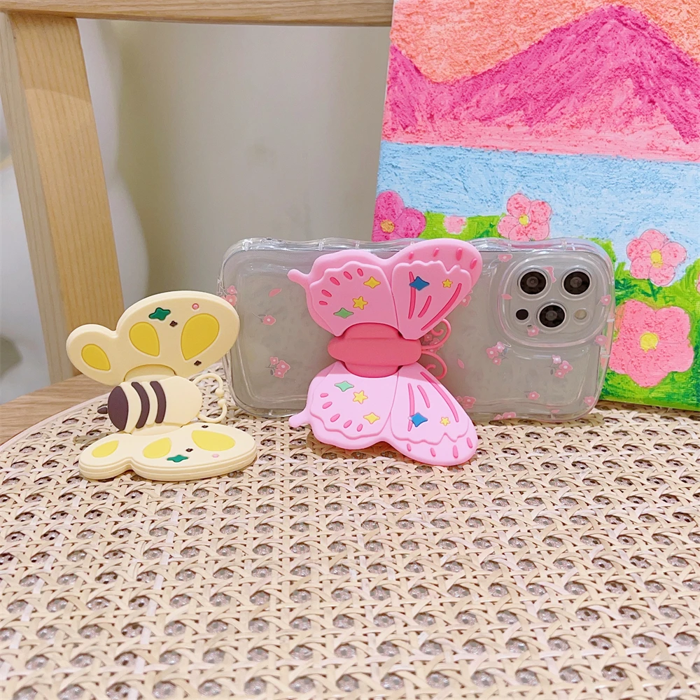 휴대폰용 귀여운 실리콘 나비 꿀벌 거치대, 범용 책상 브래킷, 접착 스티커, 텔레스코픽 슬링 걸이 핸들 그립 스탠드, 3D