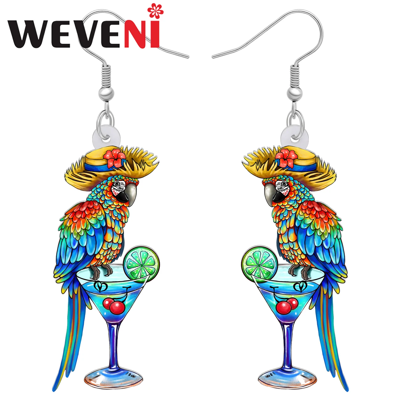 Weveni Acryl Neuheit Hawaii Wein Tasse Aras Ohrringe Tropfen baumeln Cartoon Strand Papagei Vogel Schmuck Geschenke für Frauen Mädchen