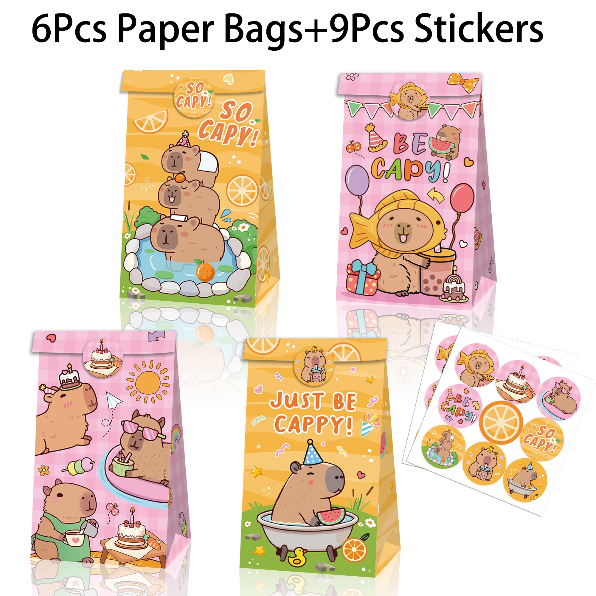 6 Stück niedliche Tier-Capybara-Themen-Papier-Geschenkverpackungsbeutel mit Siegelaufkleber, Süßigkeitentüte für Kinder, Geburtstag, Babyparty, Party-Dekoration