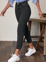 Pocket Micro Elastic Pants High Waist Solid Color Women's Straight Leg Pants Fashion High Street Daily Versatile Spring Jeans - Image 3
