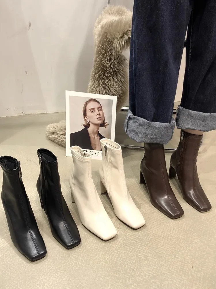 

Женские ботинки на высоком каблуке, женская обувь, зимние ботинки на молнии, женские кожаные ботильоны на шпильке средней высоты, женская резиновая Осенняя обувь 2023 Micr