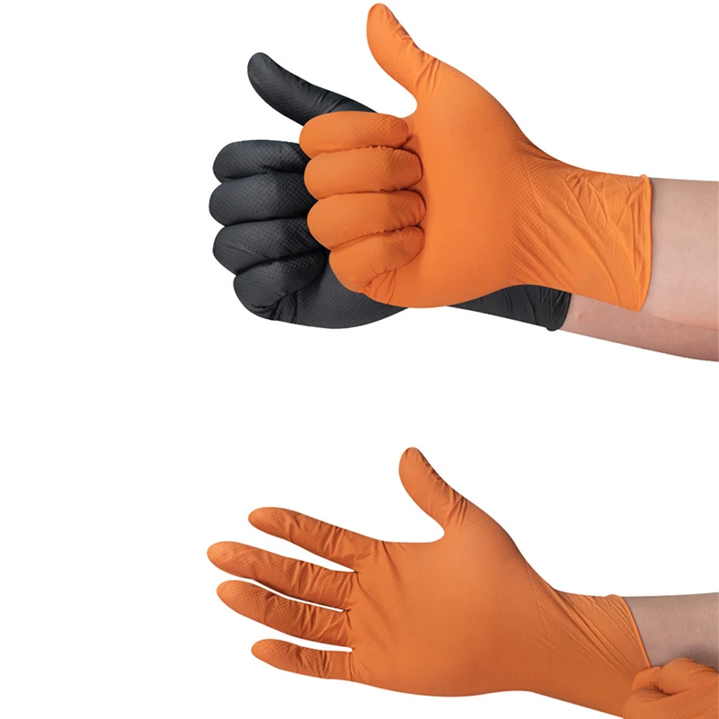 Heavy Duty Diamond Textured Nitrile Gloves 100PCS 10mil Thickened Black/Orange Disposable Glove for Mechanics Tattoo Safety Work 5