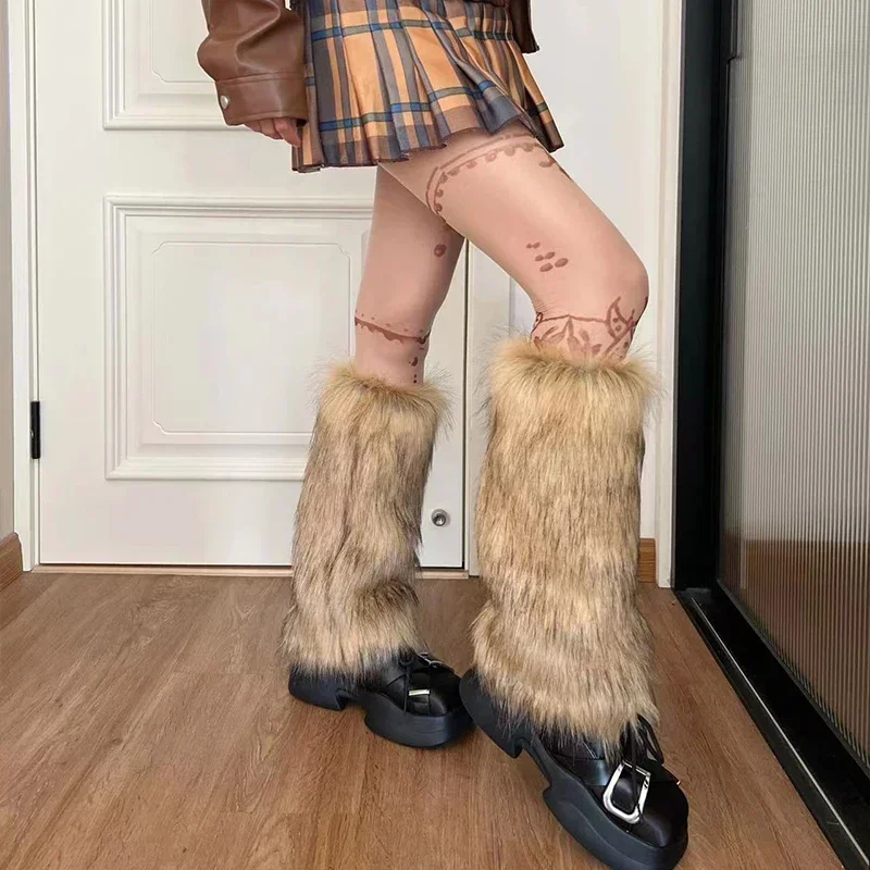 빈티지 모조 모피 모피 레그 워머 뜨거운 소녀 Y2k 갈색 털이 겨울 따뜻한 모피 부츠 양말 펑크 Jk 무릎 길이 힙합 양말