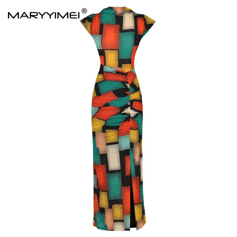 

MARYYIMEI Fashion dress Summer Women Dress Sleeveless Plaid Color blocking Elastic waist Slim Package hip Dresses