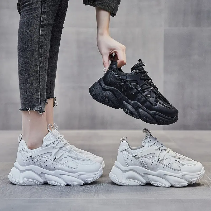 YeddaMavis Women Chunky Sneakers Running Shoes Fashion New Female Black White Platform Thick Sole Casual Woman Vulcanize Shoes