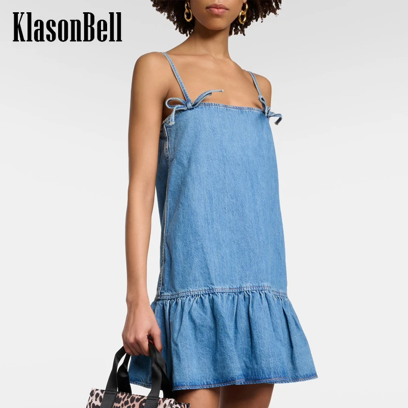 

4.9 KlasonBell Temperament Sweet Girl Bowknot Spaghetti Strap Dress Female Denim Spliced Hem Ruffle Loose Mini Dress