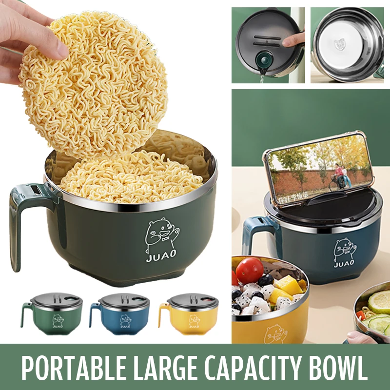 Ciotola per ramen in acciaio inossidabile con coperchio, ciotola per noodle istantanei da 1000 ml con manico, zuppa, cereali kawaii, anti-scottatura, dormitorio per studenti_voghion.com