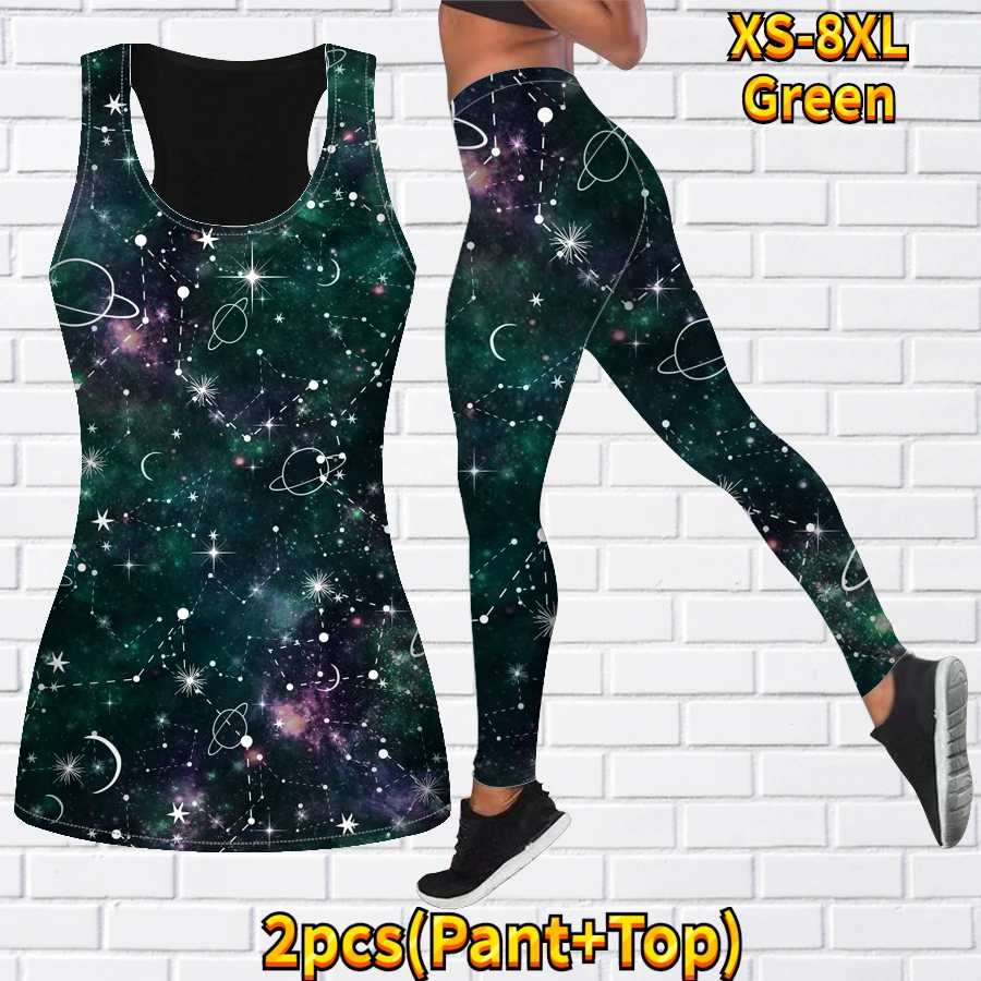 Spring/Summer Women\'s 3D Universe Star Sky Printed Tank Top and Tights Summer Sleeveless Fit Tank Top Yoga Set XS-8XL