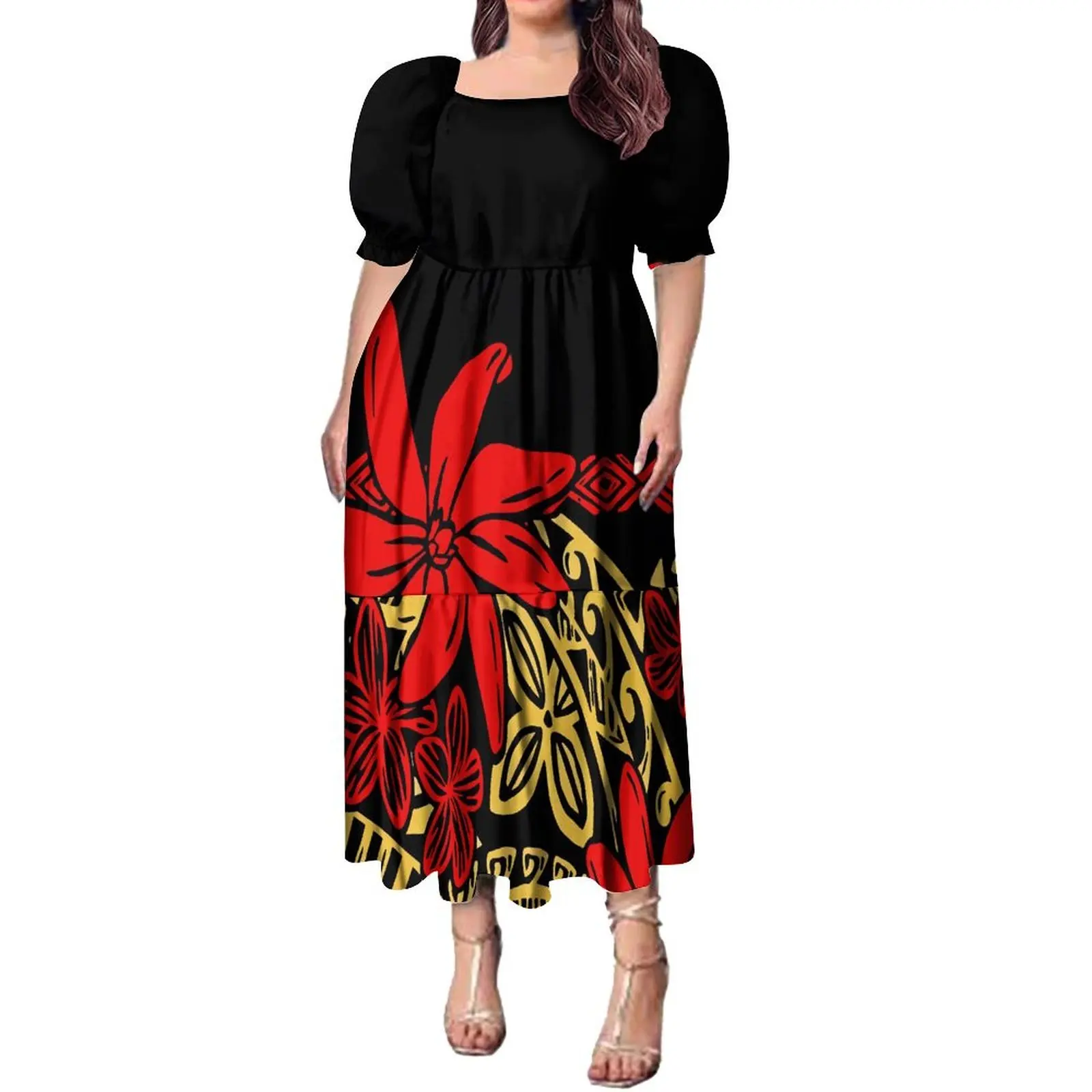 

Women'S Puffy Sleeve Dress Polynesian Tribe Design Women'S Large Size Full Skirt 6xl Free Shipping