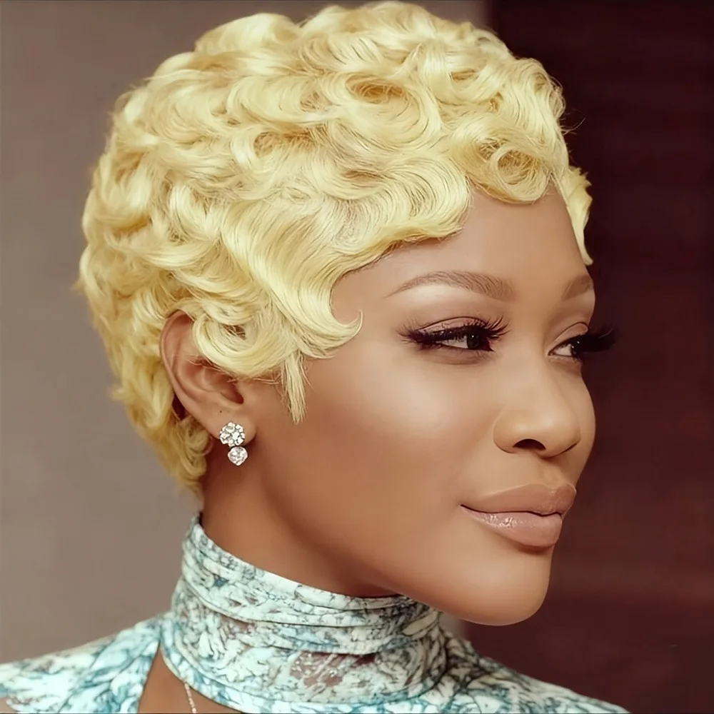 여성용 풀 머신 메이드 가발 인모 픽시컷 가발 - 150% 밀도 짧은 레이어드 컬리 웨이브 앞머리 포함, 613    색상