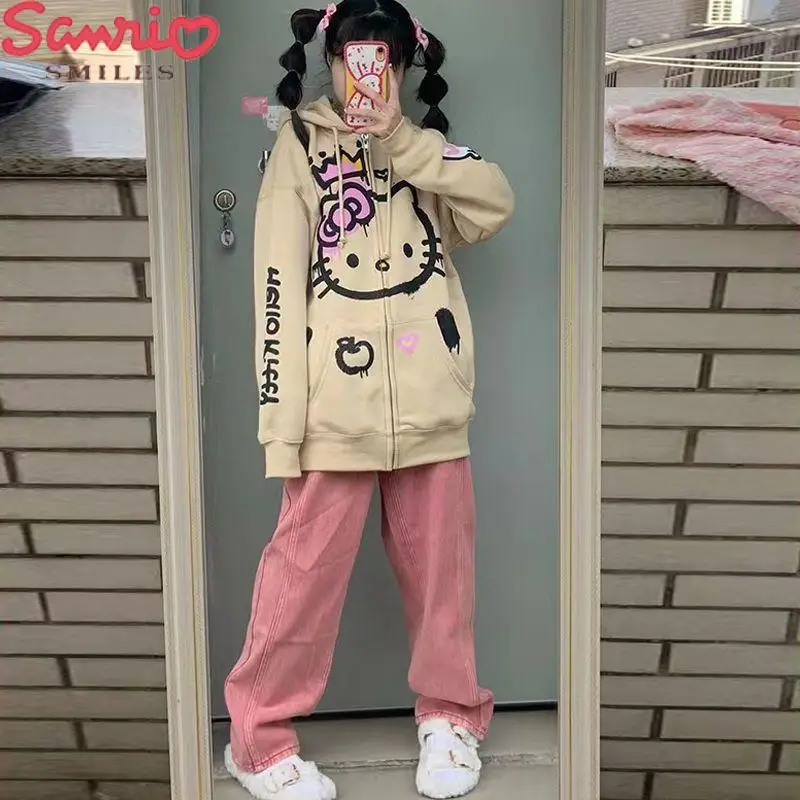 

Kawaii Новинка Sanrios аниме Hello Kitty куртка с капюшоном Y2K мультфильм милые девушки подарок на день рождения японские повседневные спортивные топы с длинным рукавом