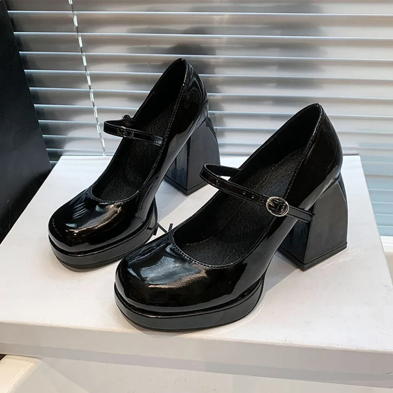 High Heels Platform Pumps Women 2024 Spring Pu Leather Ankle Buckle Mary Jane Shoes Woman Thick Heeled Goth black Lolita Shoes