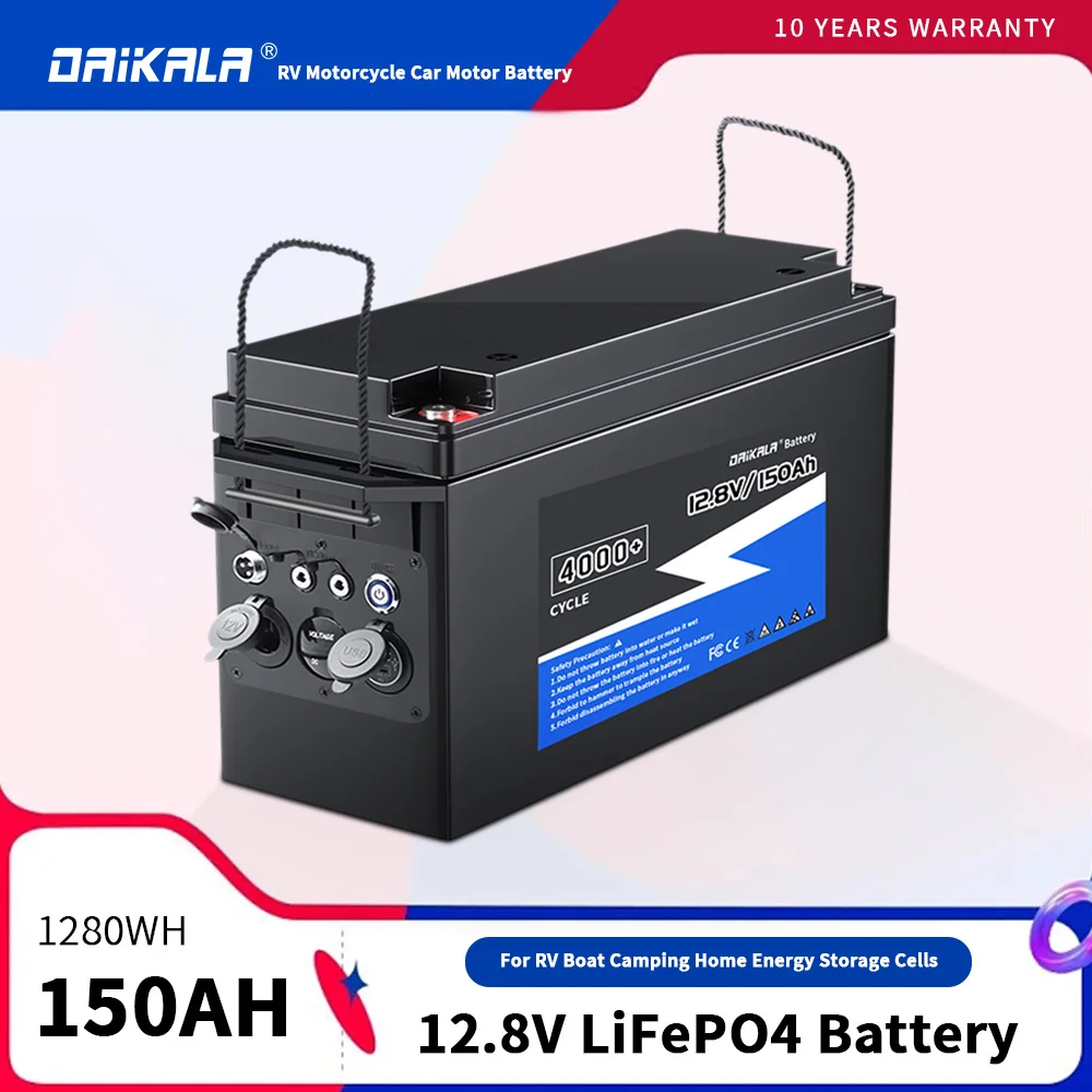 

LiFePO4 12V 150Ah Battery Pack Cell Tools 1280Wh Grade A 4000+ Cycles RV Golf Cart Boat Solar Rechargeable Battery Built-in BMS