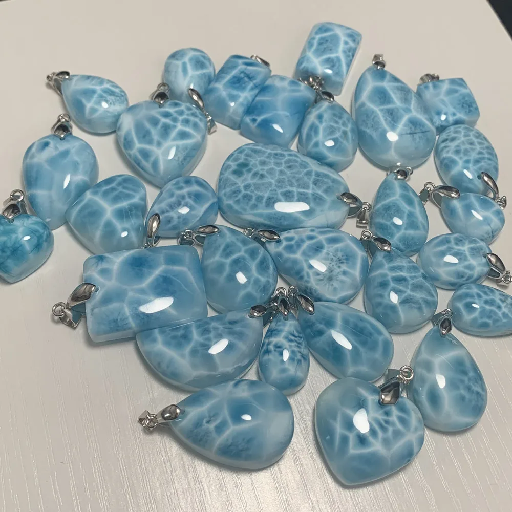 Natural Blue Larimar Pendants Necklaces For Women Rare Luxury Tortoisesh Bead Healing Gemstone Jewelry 925 Sterling Silver Clasp pendant necklace