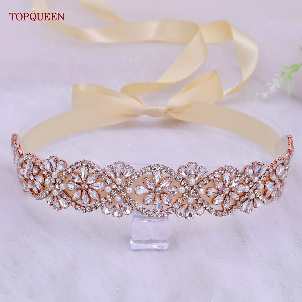 TOPQUEEN S453-RG Bridal Wedding Dress Belt Rose Gold Rhinestone Luxury Gown Sash Bridesmaid Accessories Women Female Handmade