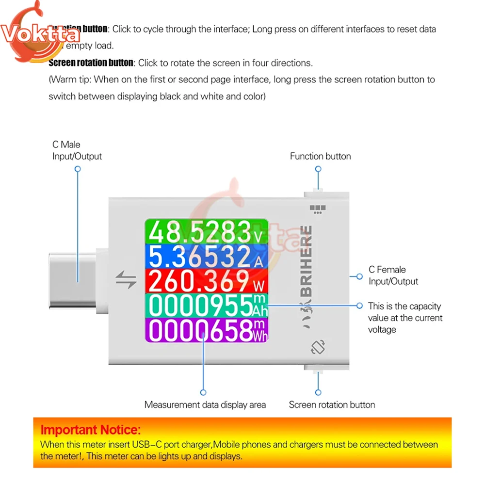 DC 4.5-50V 6A 다기능 타입-C 테스터 모바일 충전 감지기 DC 볼트미터 암페어미터 전력계 전압 전류 테스터