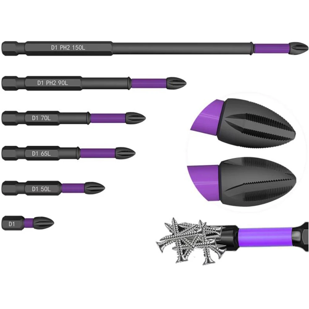 Drill Bit Set 6pcs Magnetic D1 Alloy Steel Impact Resistance Long Cross Driver Bits 1/4in Hex Shank Drills