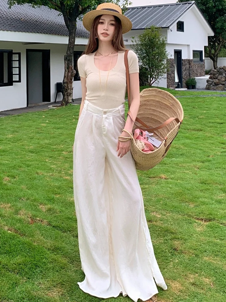 ADAgirl Elegant Wide Leg Pants Women High Waisted Side Split Floor Length Trousers Vintage Summer Casual Fashion Baggy Pants New