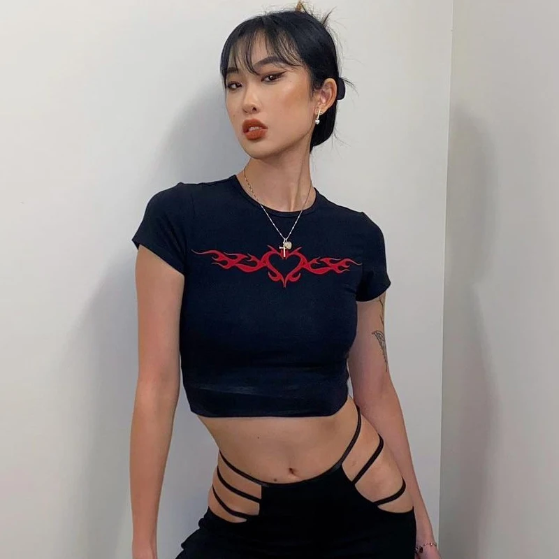 Y2K Love Wings Geometric Red Printed Open Navel Short Sleeve Top European and American Street Punk Style Dark