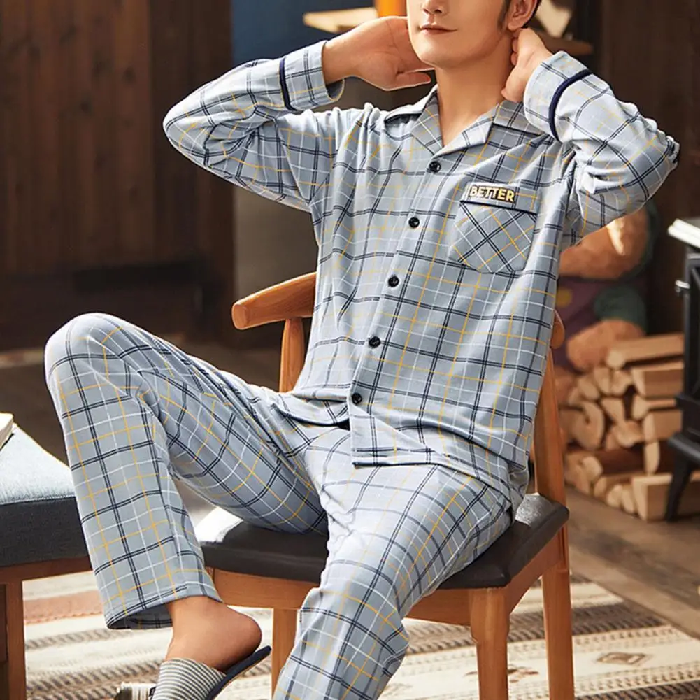 2 Pcs/Set Fall Winter Men Pajamas Set Striped Color Turn-down Collar Men Loungewear Single-breasted Elastic Waist Male Homewear