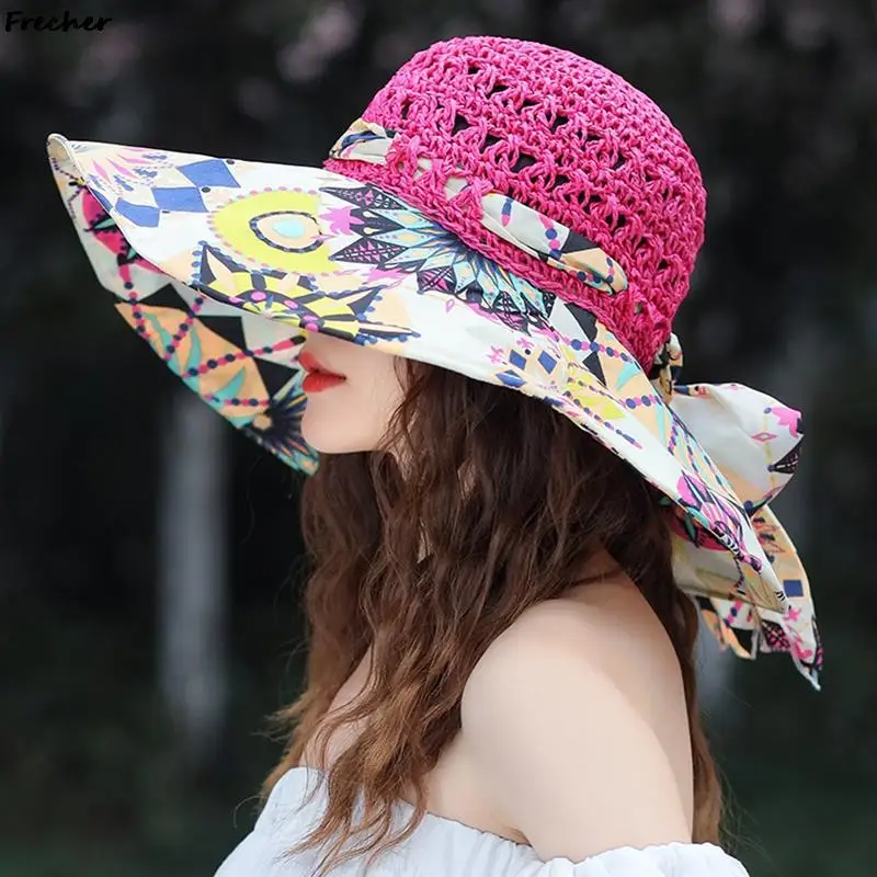 

Bohemian Summer Bucket Hat Ethnic Style Large Beach Hat for Women Fashion Sunscreen Raffia Hats Hawaii Holiday Panama Flower