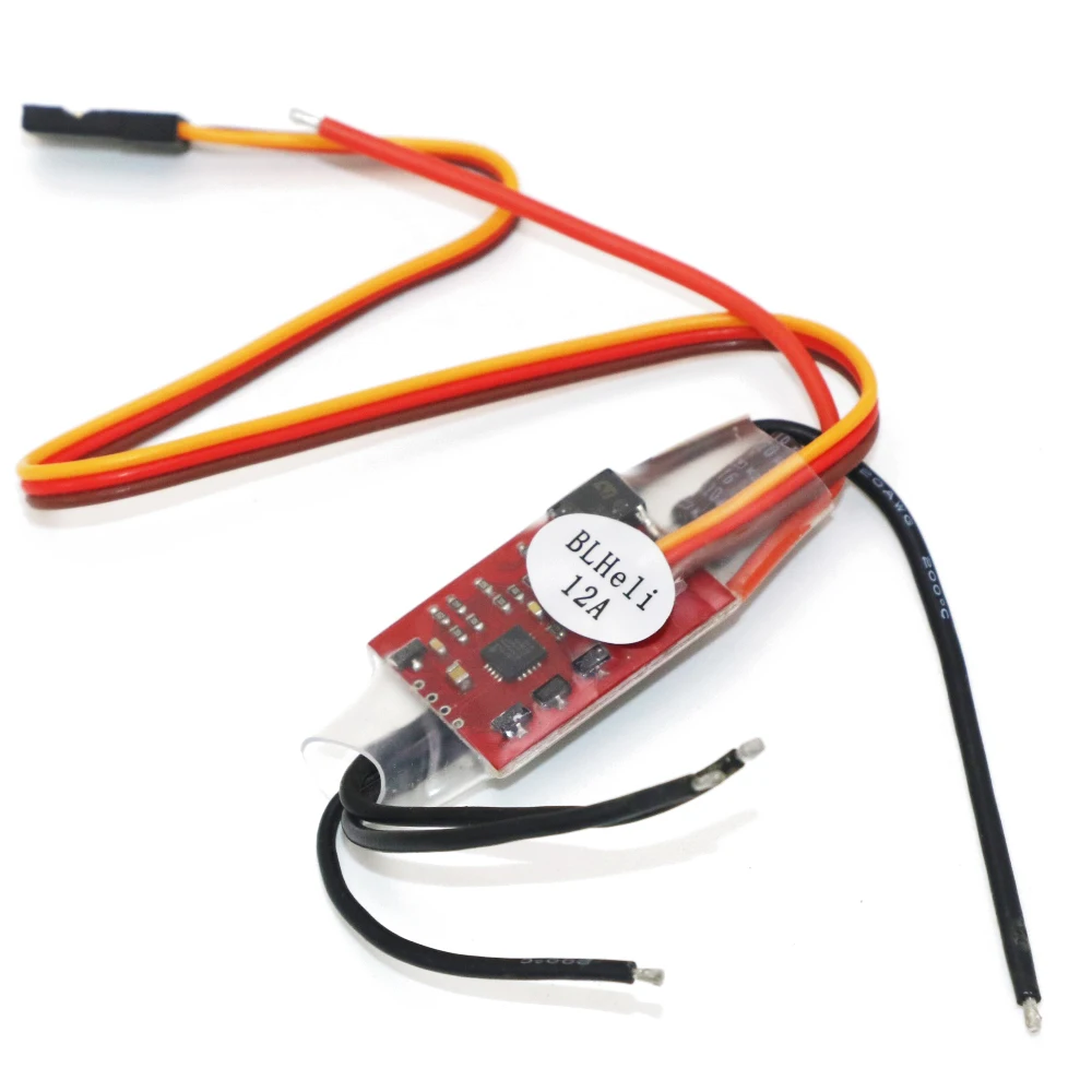 Vue de dessus de l'ESC BLHeli 12A montrant les soudures et composants électroniques.