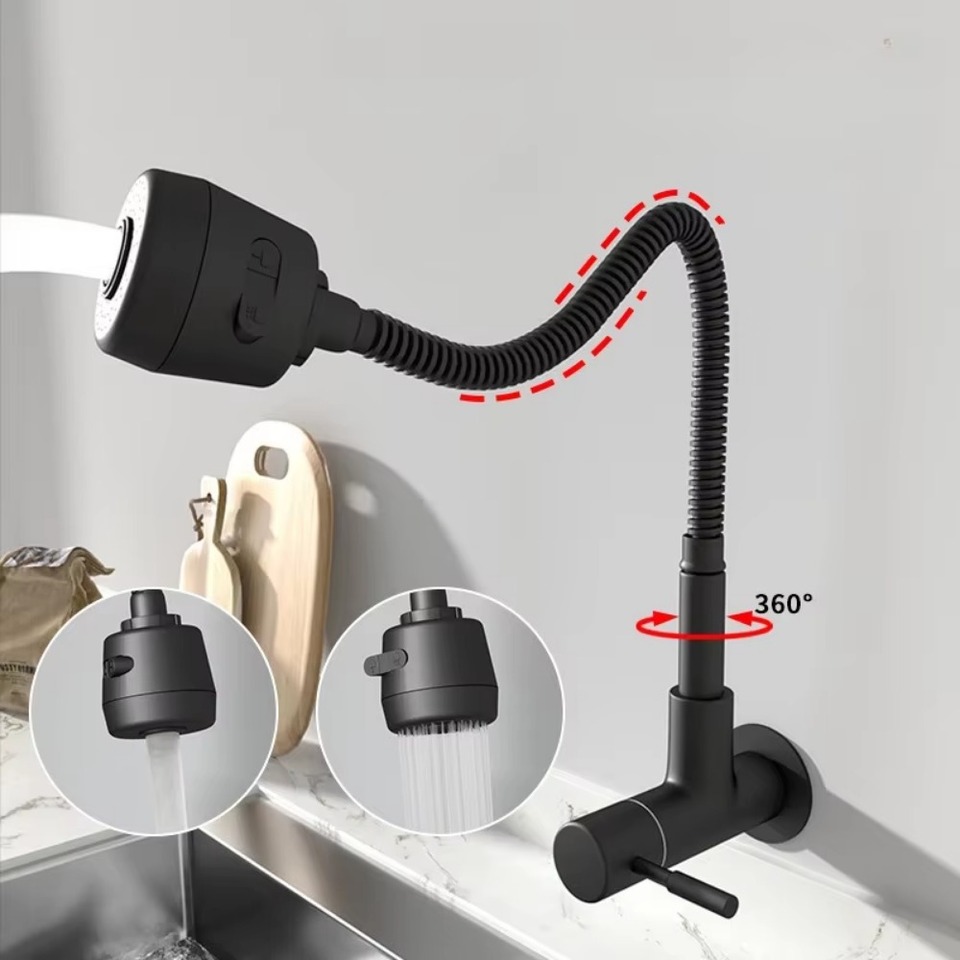 Universal Plastic Kitchen Faucet Black Rotating Single Cold Water Taps Flexible Wall Mounted Water Tap Nozzle Bathroom Kitchen