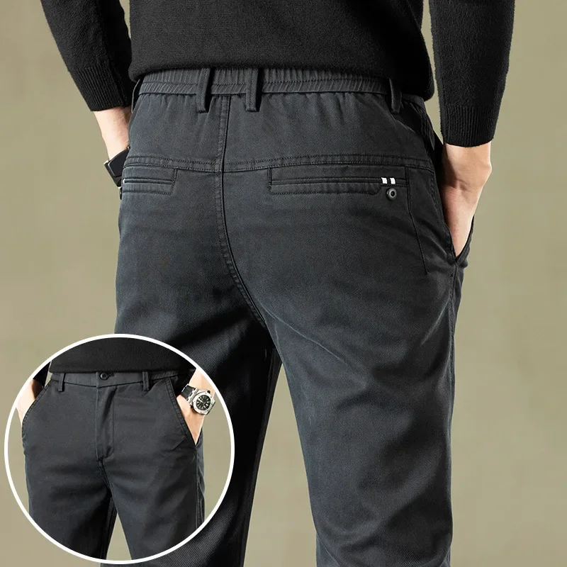 2024 Spring New Men's Casual Pants Brand Clothing Business Elastic Waist Thick Classic Slim Trousers Male Black Grey Brow 2